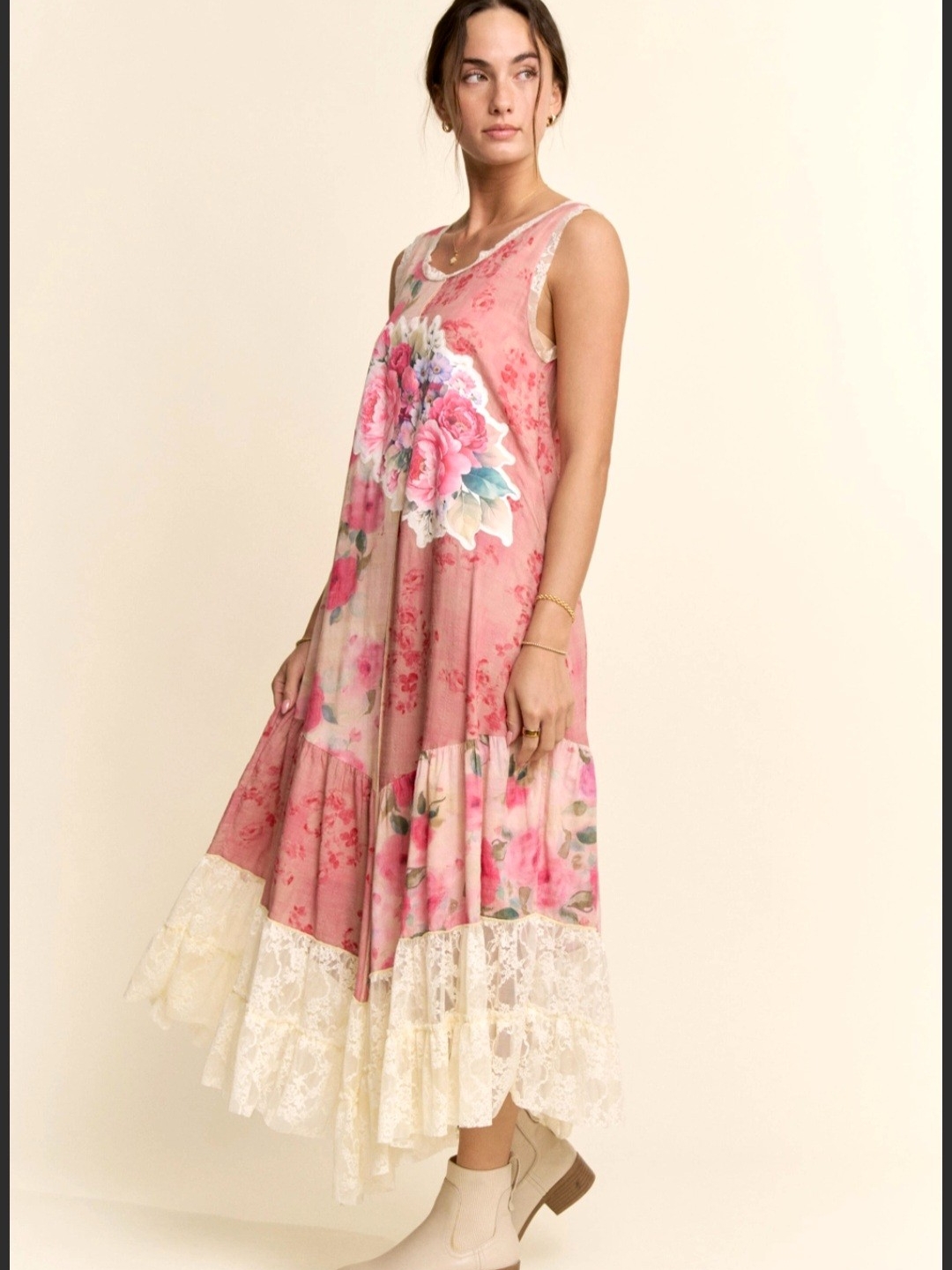 Davi & Dani Pink Floral Maxi Dress With Cream Lace Trim